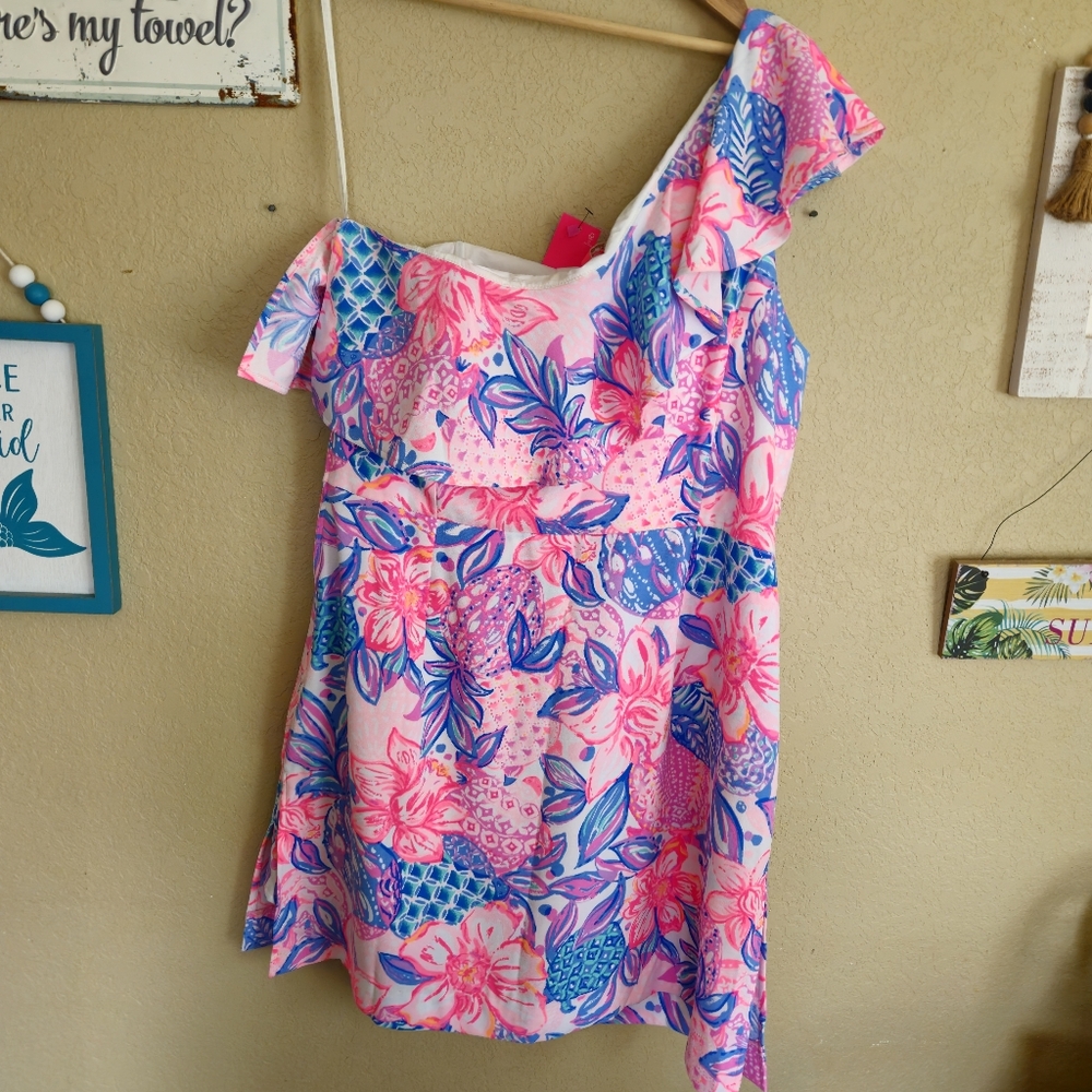 Lilly Pulitzer Size 16 Rumper Dress Snsppy Turtle One Shoulder Coastal Beach - Picture 9 of 13